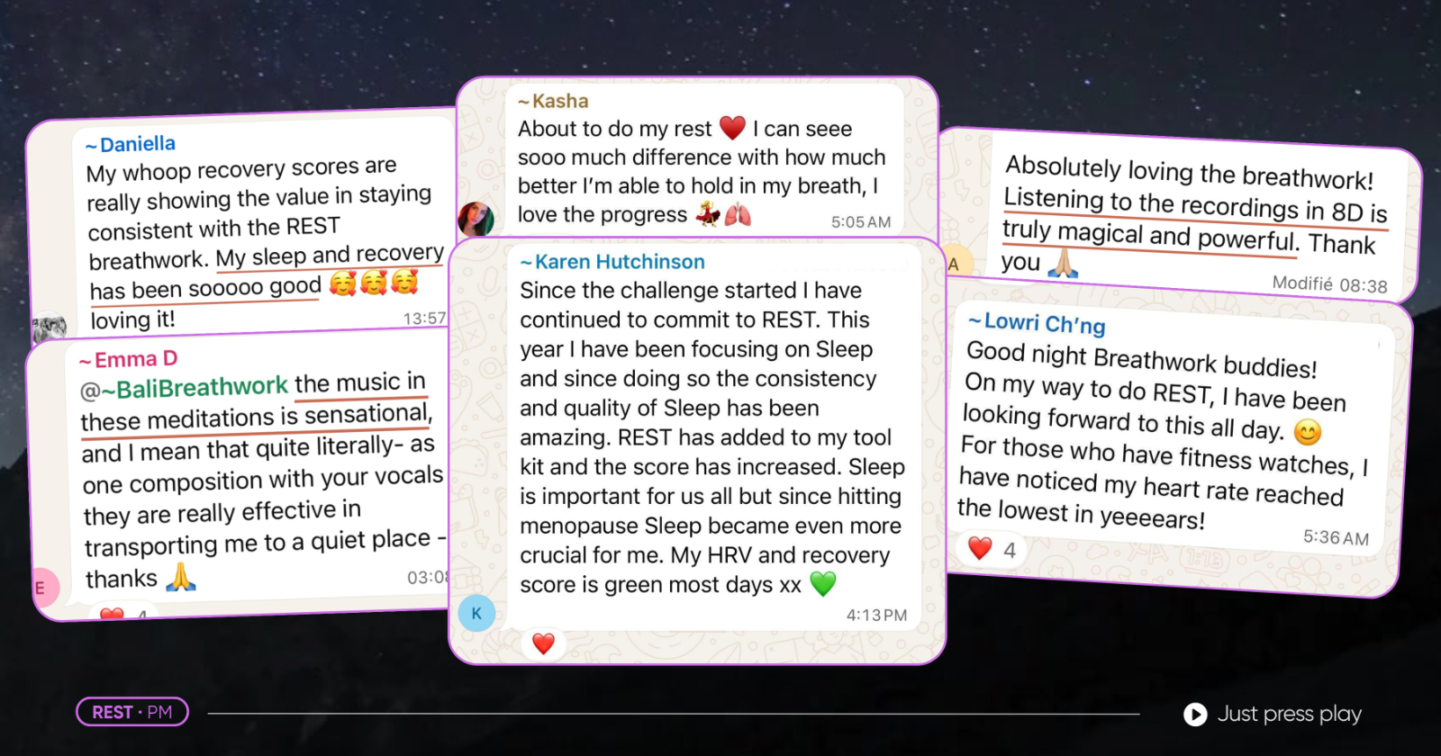 Real WhatsApp messages from the breathwork group about REST — WHOOP, HRV and sleep results