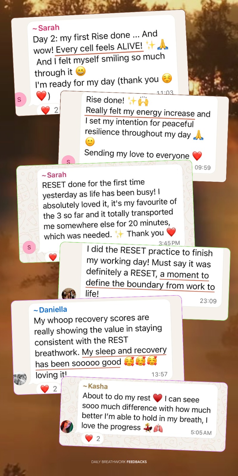 Real WhatsApp messages from the breathwork group — Rise, Reset and Rest results