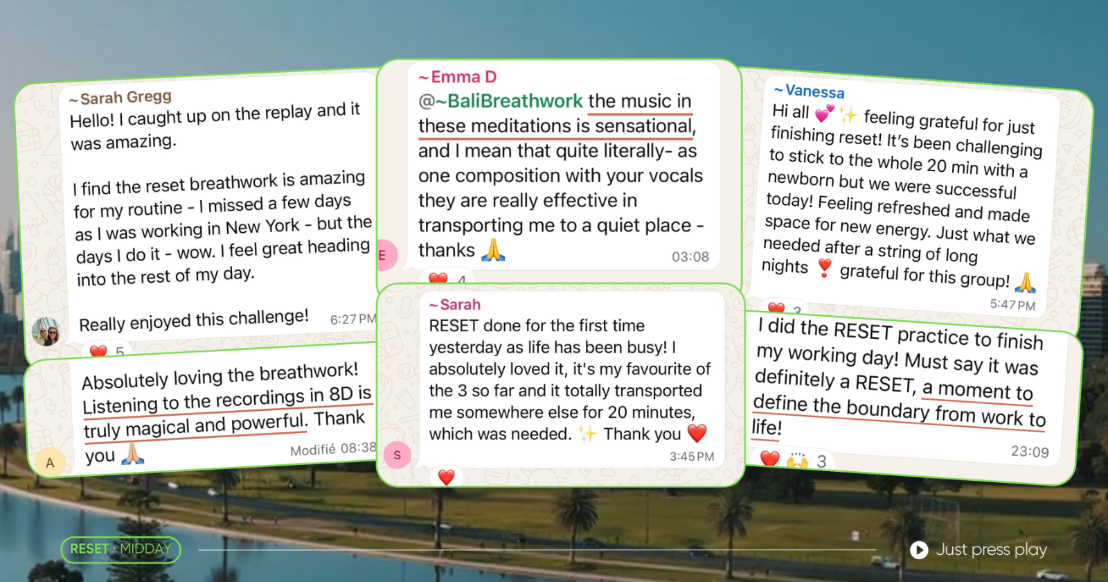 Real WhatsApp messages from the breathwork group about RESET
